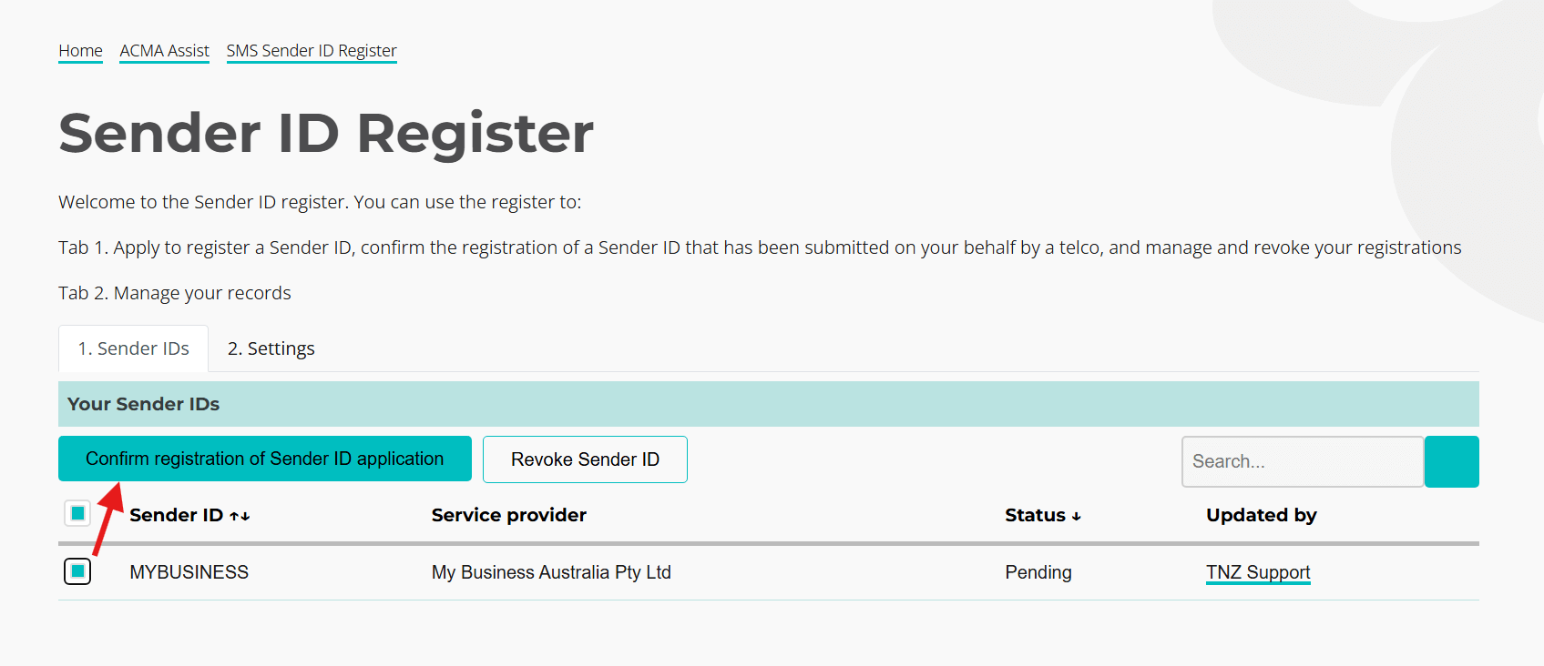 ACMA Assist - Confirm Registration of Sender ID [Markup]