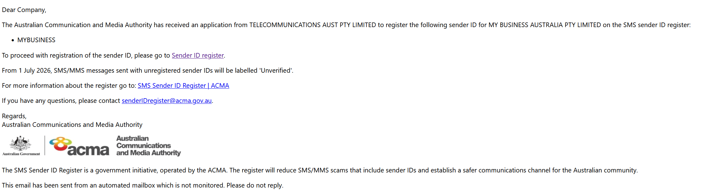 ACMA Assist - Registration of Sender ID Email Notification