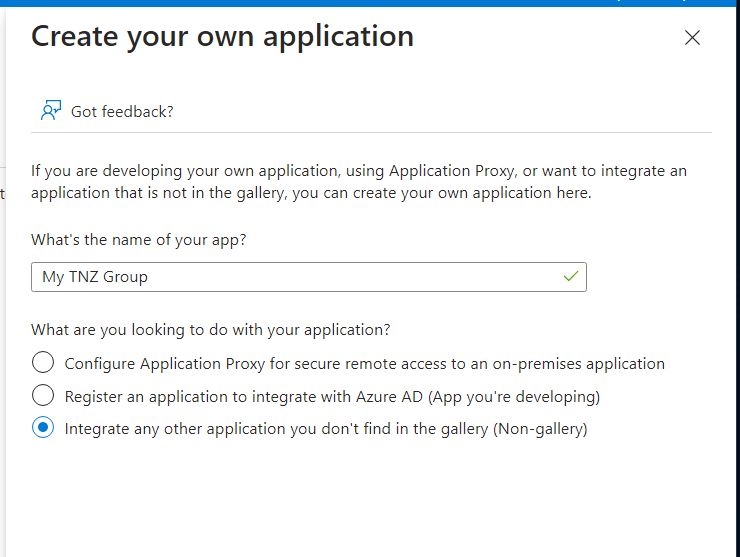 Azure SSO - Create your own application - Step 1