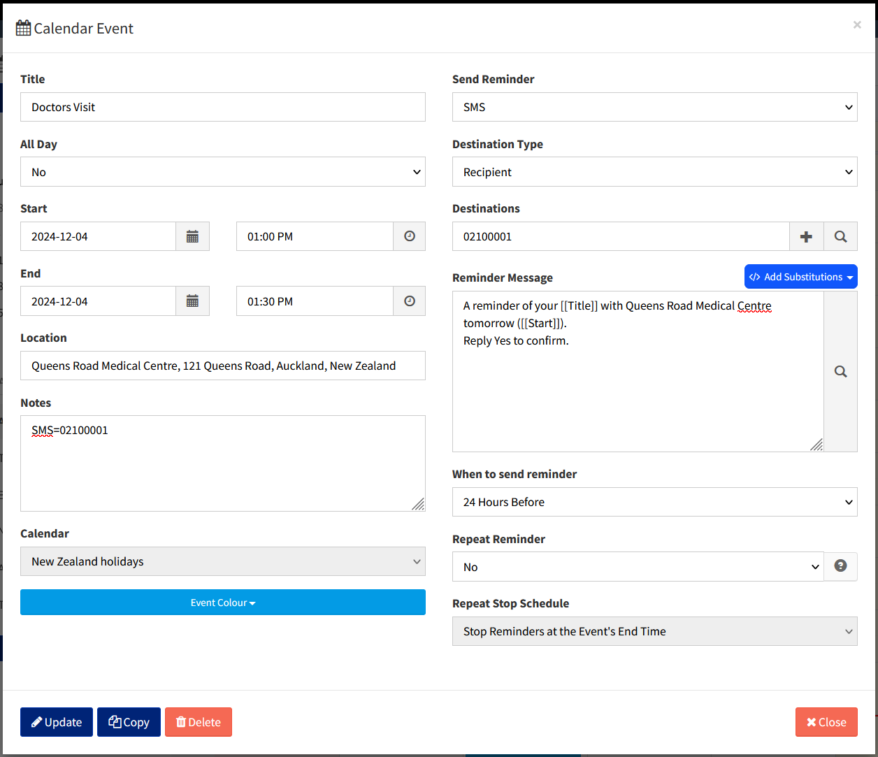 Dashboard - Calendar - Edit Calendar Event
