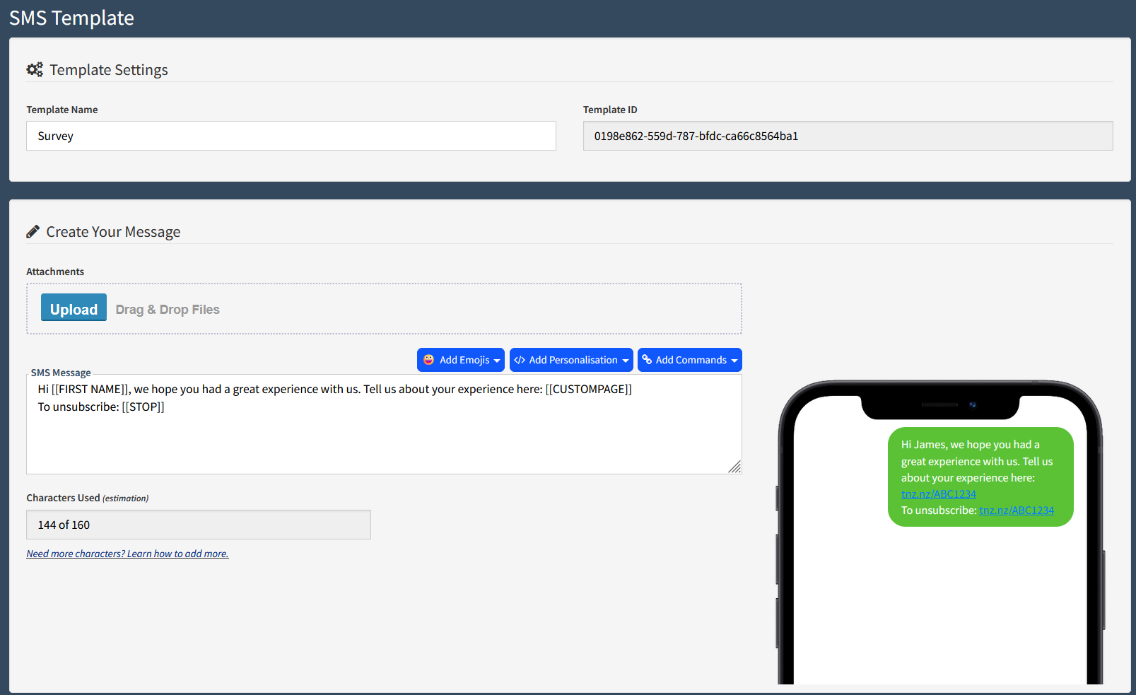 Dashboard - SMS Template - Survey