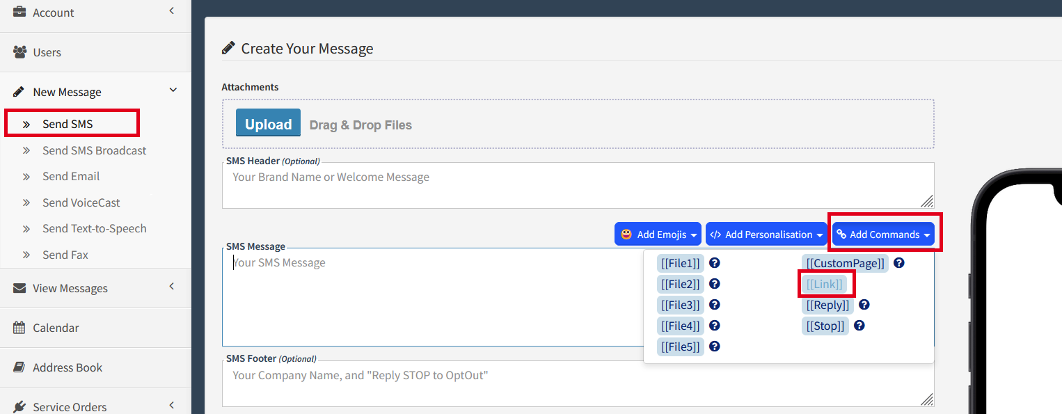 Dashboard - Send SMS - Select Commands