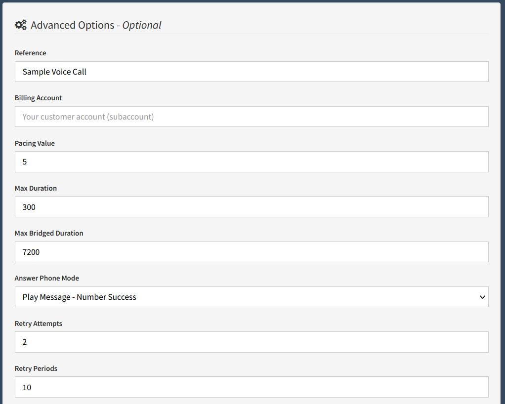 Dashboard - Send Text to Speech - Advanced Options