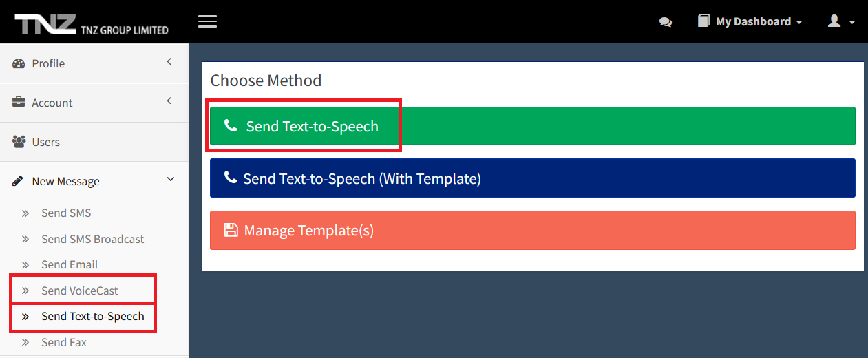 Dashboard - Send Text to Speech
