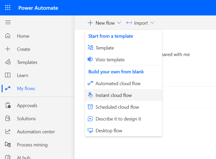 Microsoft Power Automate - Instant Cloud Flow