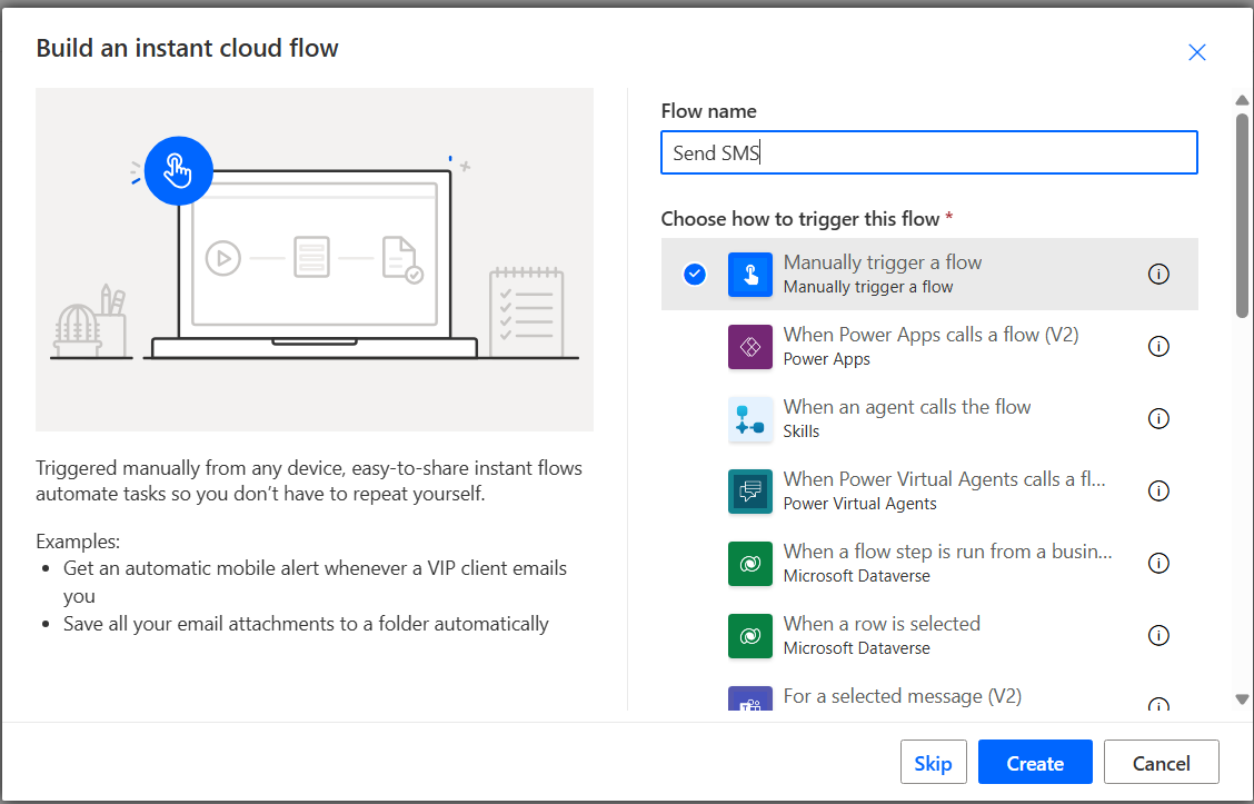 Microsoft Power Automate - New Flow - Send SMS