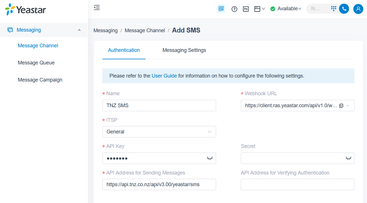 Yeastar - Create SMS Channel